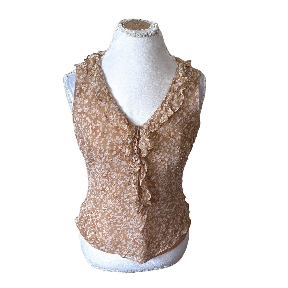 Vintage ICE Womens Y2K 100% Silk Top Medium Tan Deer Print Ruffle Sequin Fairy